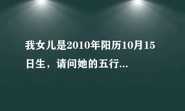 我女儿是2010年阳历10月15日生,请问她的五行里面缺什么?她的喜神是什么?应该怎样取名?谢谢!