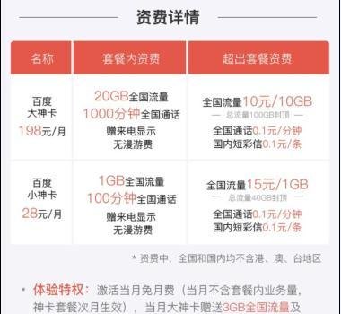 百度神卡女神卡小神卡大神卡申请入口资费怎么样
