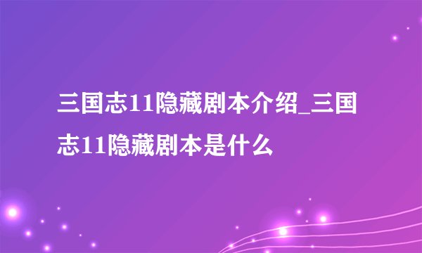 三国志11隐藏剧本介绍_三国志11隐藏剧本是什么
