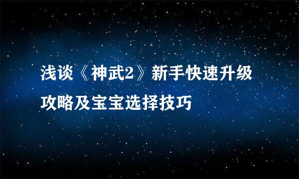 浅谈《神武2》新手快速升级攻略及宝宝选择技巧