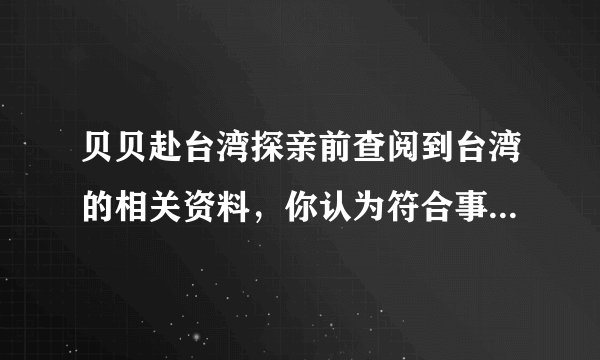 贝贝赴台湾探亲前查阅到台湾的相关资料,你认为符合事实的是()A. 居民多为高山族B. 人口和城市主要分布在东南沿海C. 隔台湾海峡与广东相望D. 森林覆盖率高,生物资源丰富